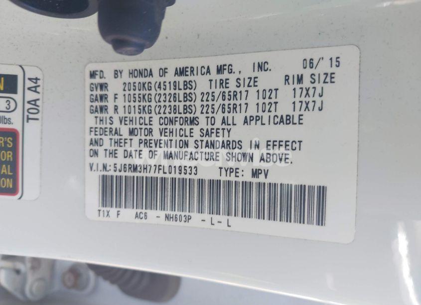 Photo 9 of 2015 Honda Cr-v EX-L (VIN 5J6RM3H77FL019533)