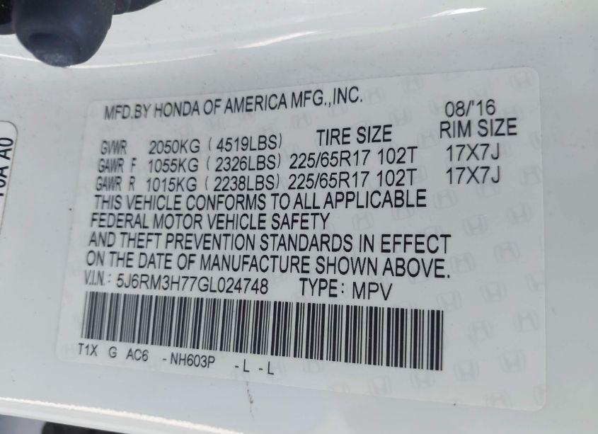 Photo 9 of 2016 Honda Cr-v EX-L (VIN 5J6RM3H77GL024748)