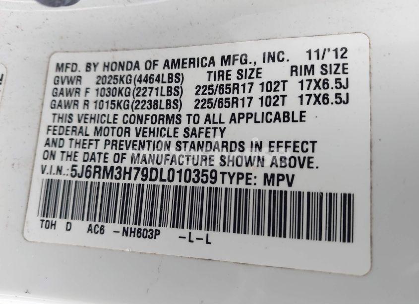 Photo 9 of 2013 Honda Cr-v EX-L (VIN 5J6RM3H79DL010359)