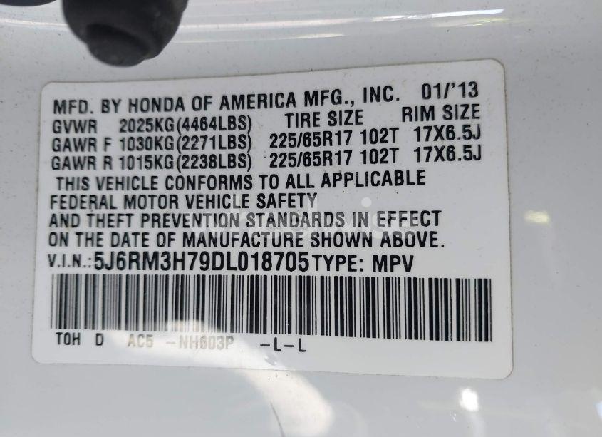 Photo 9 of 2013 Honda Cr-v EX-L (VIN 5J6RM3H79DL018705)