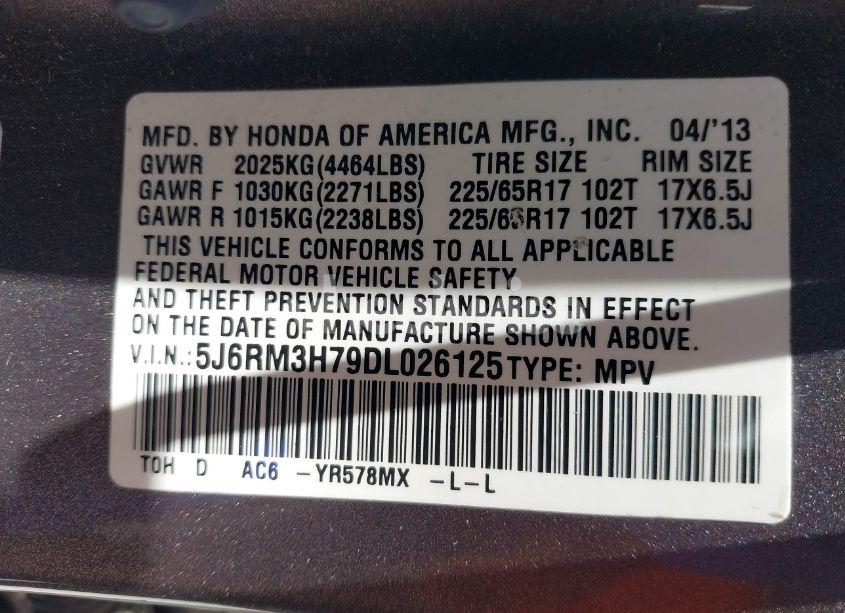 Photo 9 of 2013 Honda Cr-v EX-L (VIN 5J6RM3H79DL026125)