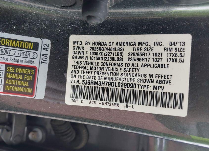 Photo 9 of 2013 Honda Cr-v EX-L (VIN 5J6RM3H79DL029090)