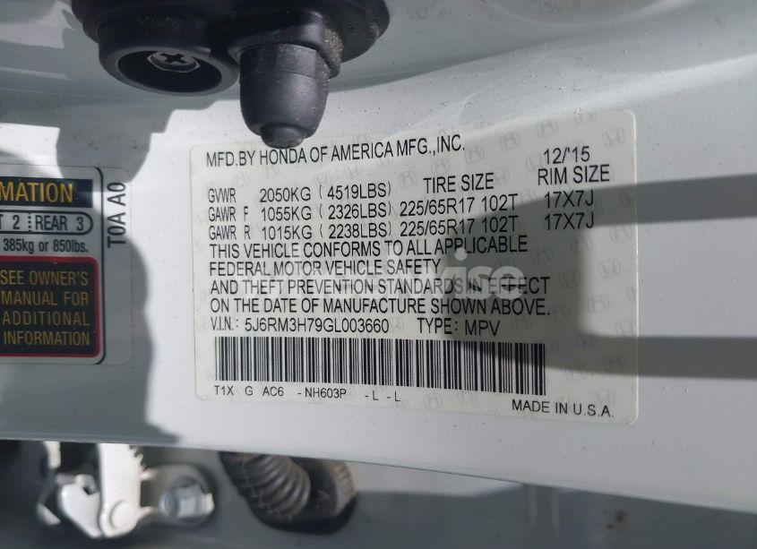 Photo 9 of 2016 Honda Cr-v EX-L (VIN 5J6RM3H79GL003660)