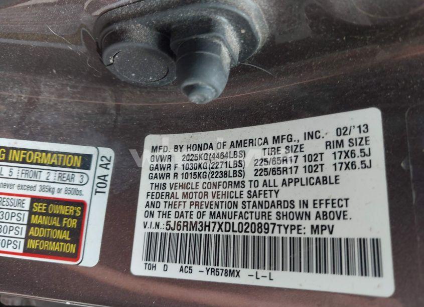 Photo 9 of 2013 Honda Cr-v EX-L (VIN 5J6RM3H7XDL020897)