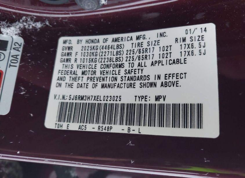 Photo 9 of 2014 Honda Cr-v EX-L (VIN 5J6RM3H7XEL023025)