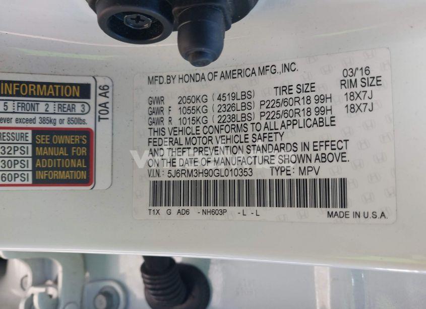 Photo 9 of 2016 Honda Cr-v TOURING (VIN 5J6RM3H90GL010353)