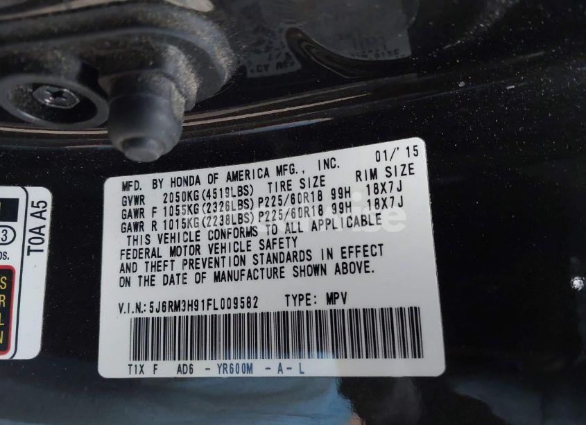 Photo 9 of 2015 Honda Cr-v TOURING (VIN 5J6RM3H91FL009582)