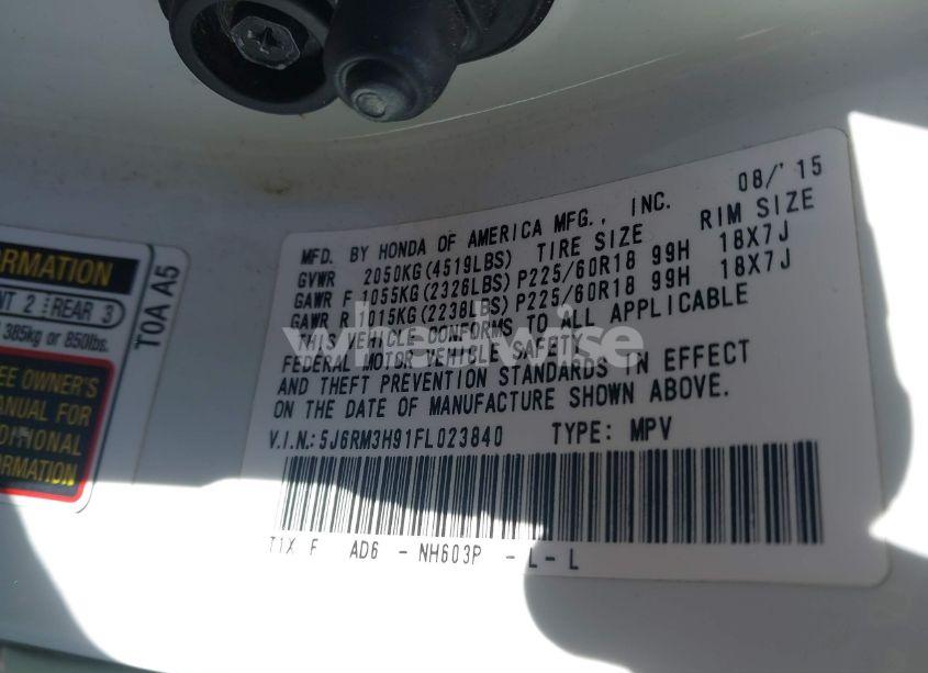 Photo 9 of 2015 Honda Cr-v TOURING (VIN 5J6RM3H91FL023840)