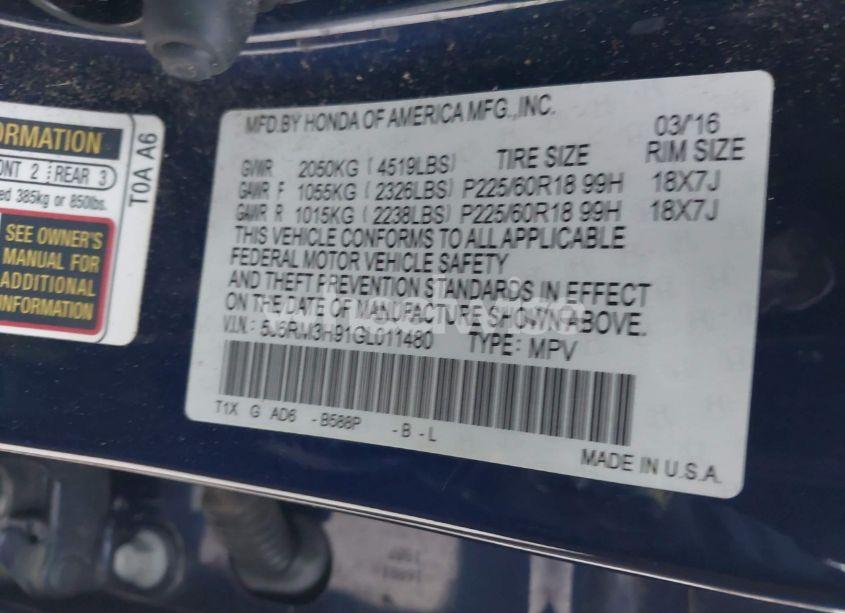 Photo 9 of 2016 Honda Cr-v TOURING (VIN 5J6RM3H91GL011480)