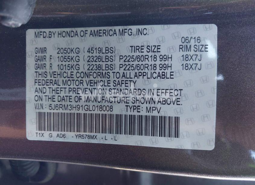 Photo 9 of 2016 Honda Cr-v TOURING (VIN 5J6RM3H91GL018008)