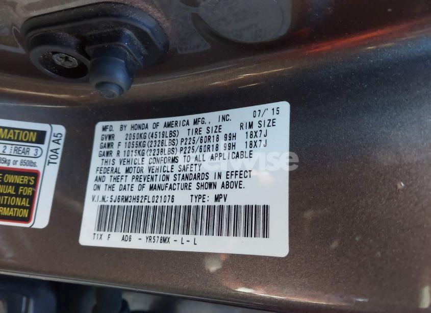 Photo 9 of 2015 Honda Cr-v TOURING (VIN 5J6RM3H92FL021076)