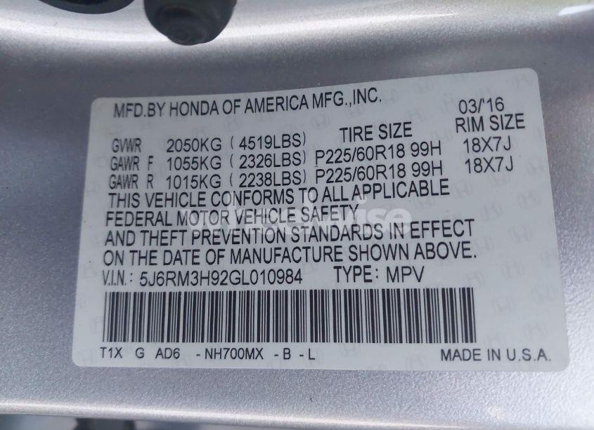 Photo 9 of 2016 Honda Cr-v TOURING (VIN 5J6RM3H92GL010984)