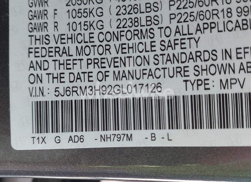 Photo 9 of 2016 Honda Cr-v TOURING (VIN 5J6RM3H92GL017126)