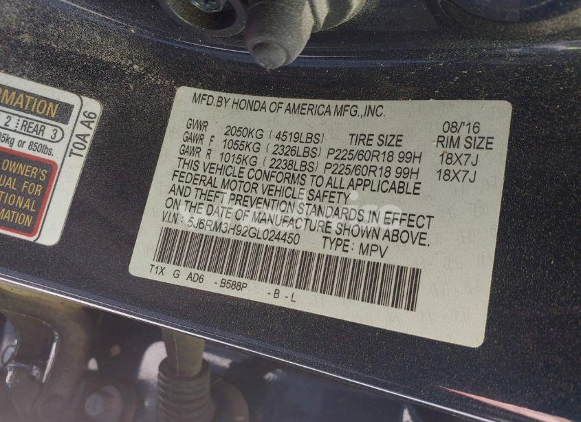 Photo 9 of 2016 Honda Cr-v TOURING (VIN 5J6RM3H92GL024450)