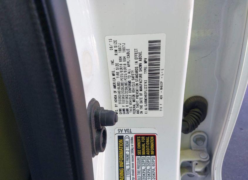 Photo 9 of 2015 Honda Cr-v TOURING (VIN 5J6RM3H93FL023743)