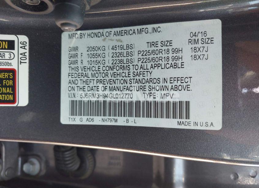 Photo 9 of 2016 Honda Cr-v TOURING (VIN 5J6RM3H94GL012770)