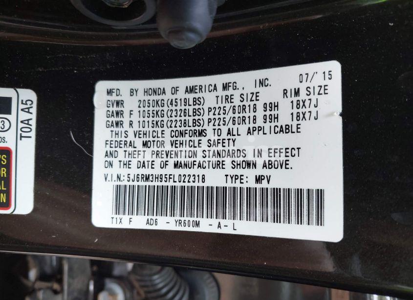 Photo 9 of 2015 Honda Cr-v TOURING (VIN 5J6RM3H95FL022318)