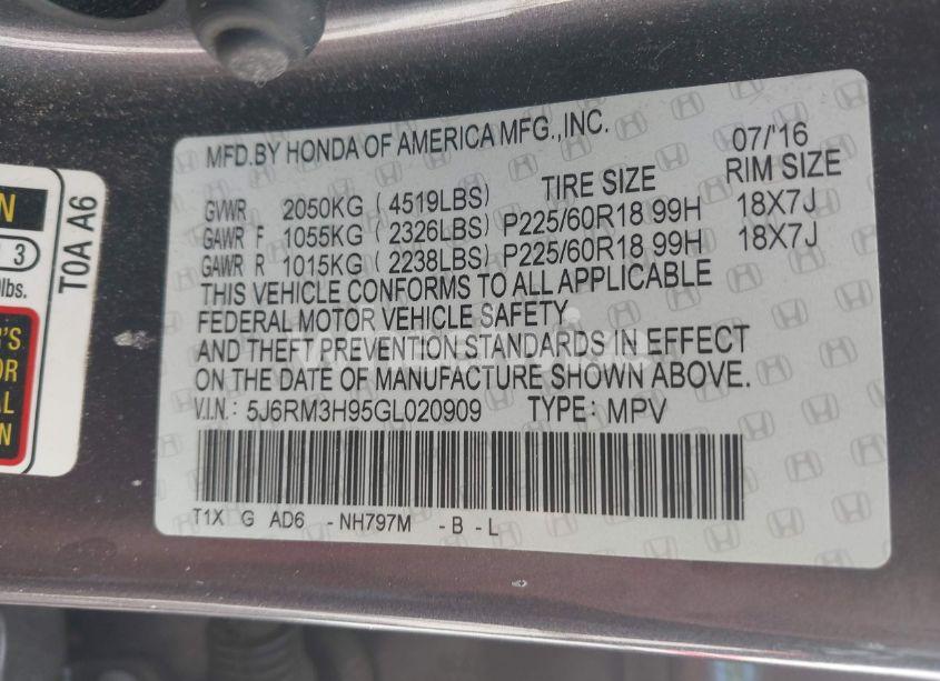 Photo 9 of 2016 Honda Cr-v TOURING (VIN 5J6RM3H95GL020909)