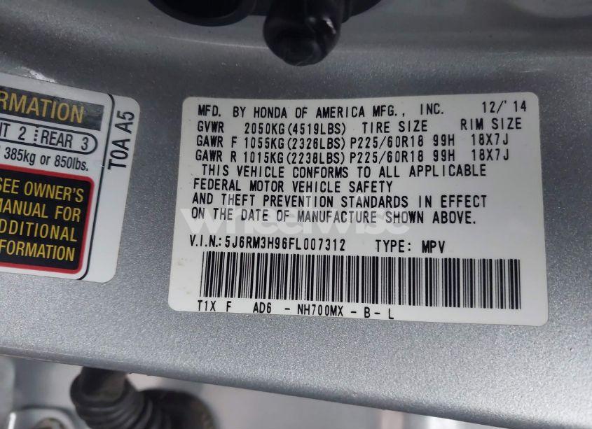 Photo 9 of 2015 Honda Cr-v TOURING (VIN 5J6RM3H96FL007312)