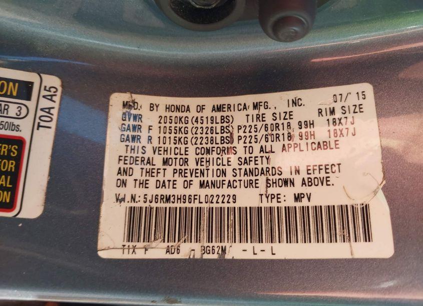 Photo 9 of 2015 Honda Cr-v TOURING (VIN 5J6RM3H96FL022229)