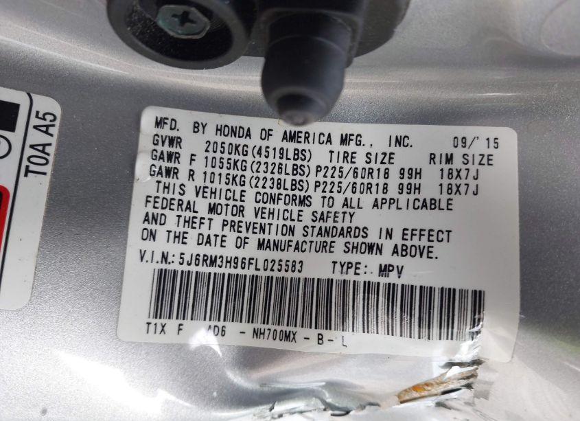 Photo 9 of 2015 Honda Cr-v TOURING (VIN 5J6RM3H96FL025583)