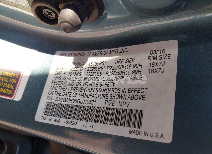 Photo 9 of 2016 Honda Cr-v TOURING (VIN 5J6RM3H96GL010521)