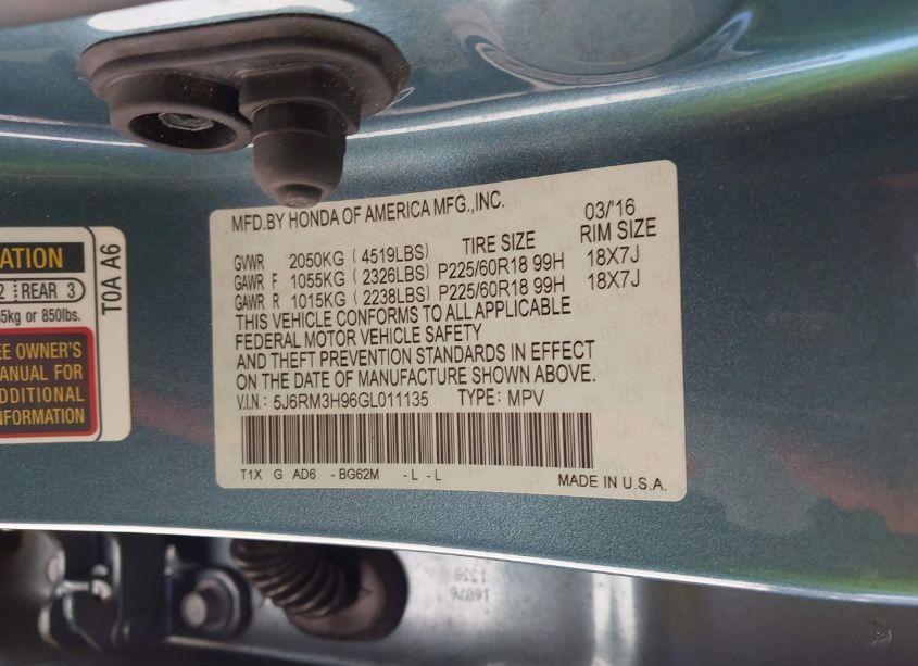 Photo 9 of 2016 Honda Cr-v TOURING (VIN 5J6RM3H96GL011135)