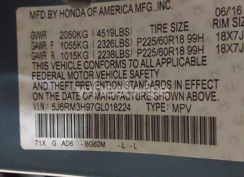 Photo 9 of 2016 Honda Cr-v TOURING (VIN 5J6RM3H97GL018224)