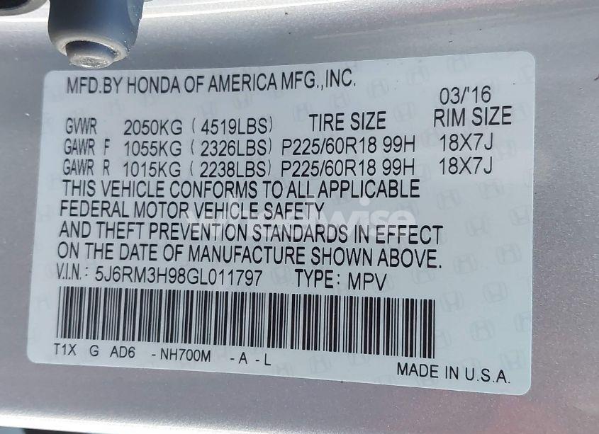 Photo 9 of 2016 Honda Cr-v TOURING (VIN 5J6RM3H98GL011797)