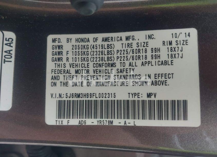 Photo 9 of 2015 Honda Cr-v TOURING (VIN 5J6RM3H99FL002315)