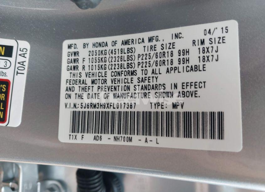 Photo 9 of 2015 Honda Cr-v TOURING (VIN 5J6RM3H9XFL017387)