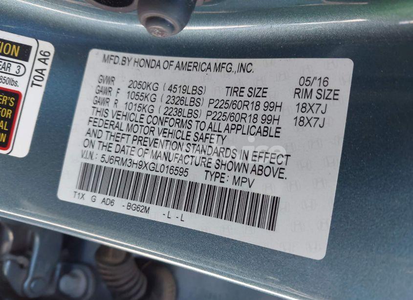 Photo 9 of 2016 Honda Cr-v TOURING (VIN 5J6RM3H9XGL016595)