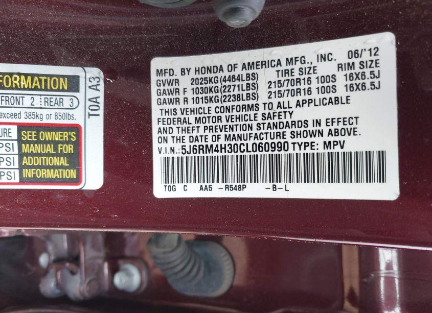 Photo 9 of 2012 Honda Cr-v LX (VIN 5J6RM4H30CL060990)