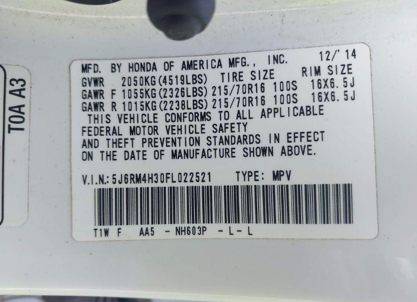 Photo 9 of 2015 Honda Cr-v LX (VIN 5J6RM4H30FL022521)