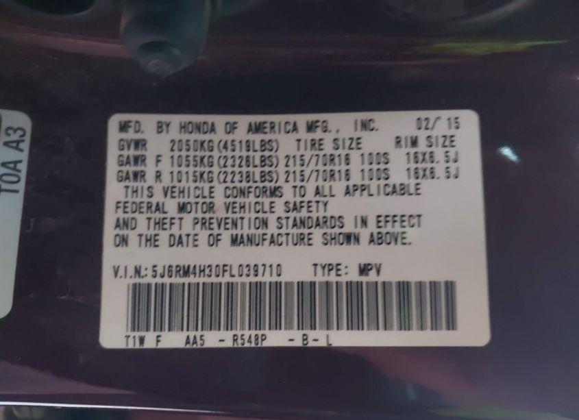 Photo 9 of 2015 Honda Cr-v LX (VIN 5J6RM4H30FL039710)