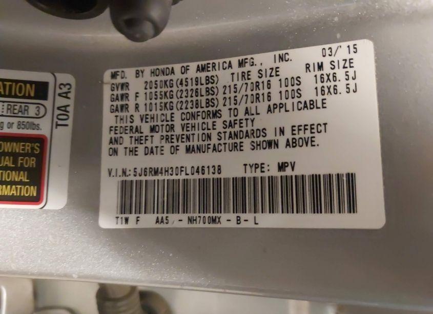 Photo 9 of 2015 Honda Cr-v LX (VIN 5J6RM4H30FL046138)