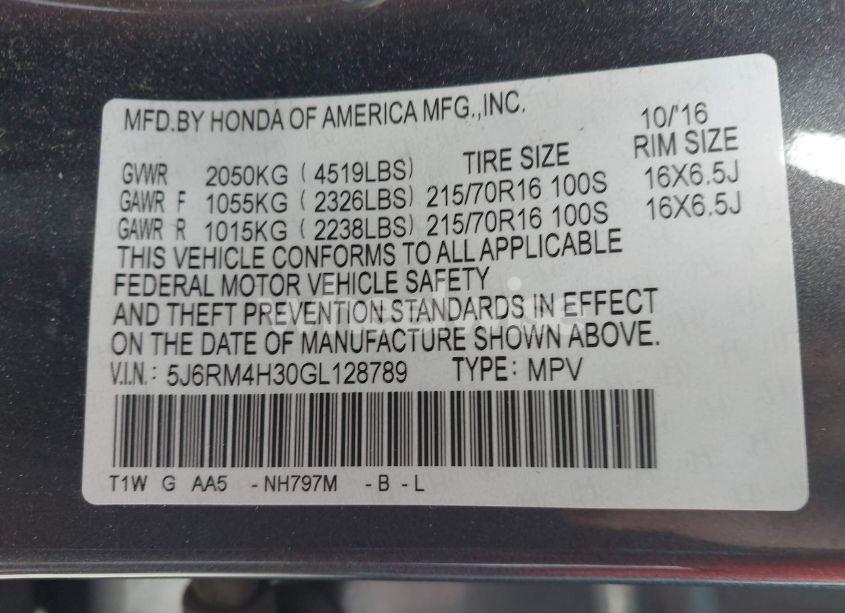 Photo 9 of 2016 Honda Cr-v LX (VIN 5J6RM4H30GL128789)