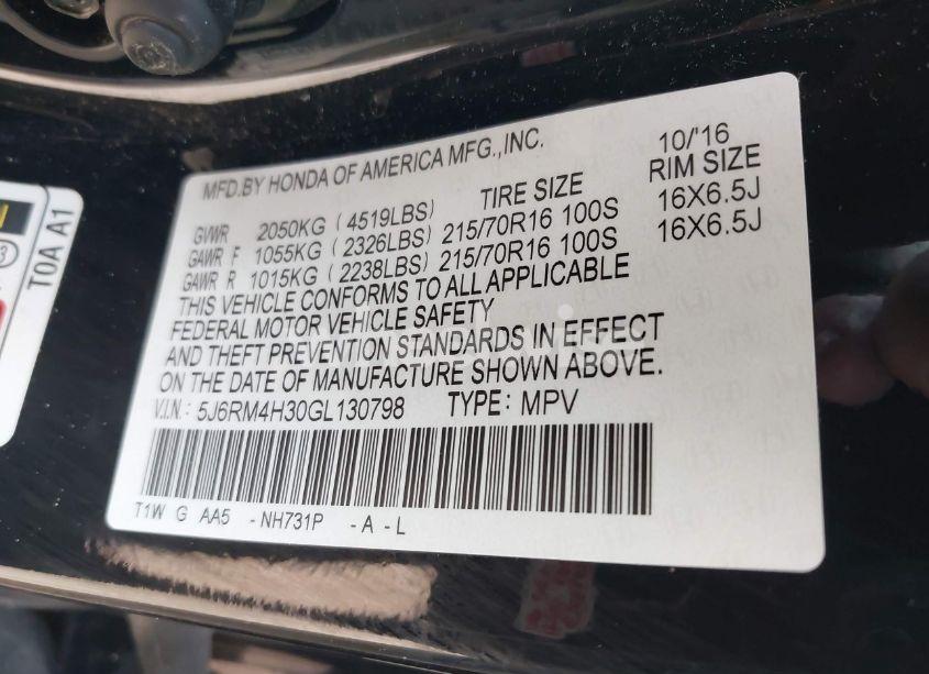 Photo 9 of 2016 Honda Cr-v LX (VIN 5J6RM4H30GL130798)