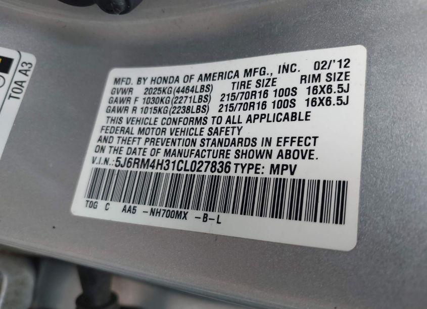 Photo 9 of 2012 Honda Cr-v LX (VIN 5J6RM4H31CL027836)