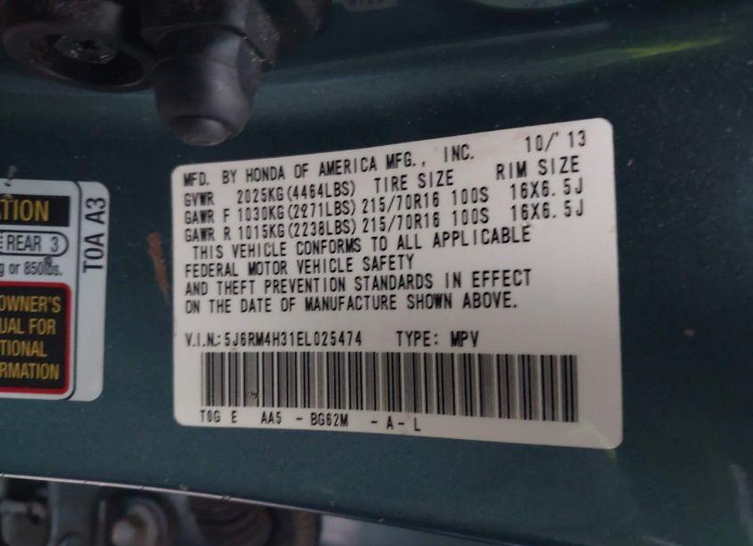 Photo 9 of 2014 Honda Cr-v LX (VIN 5J6RM4H31EL025474)