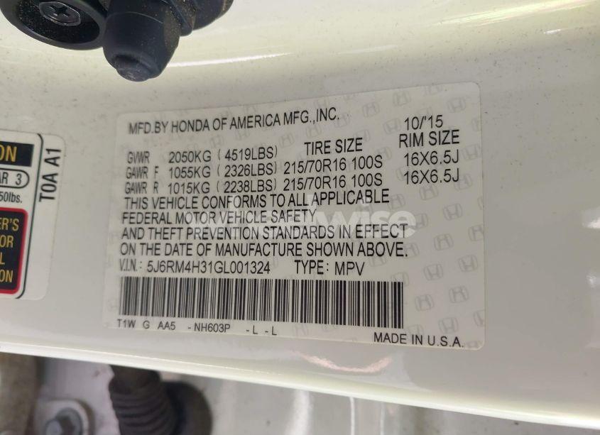 Photo 9 of 2016 Honda Cr-v LX (VIN 5J6RM4H31GL001324)