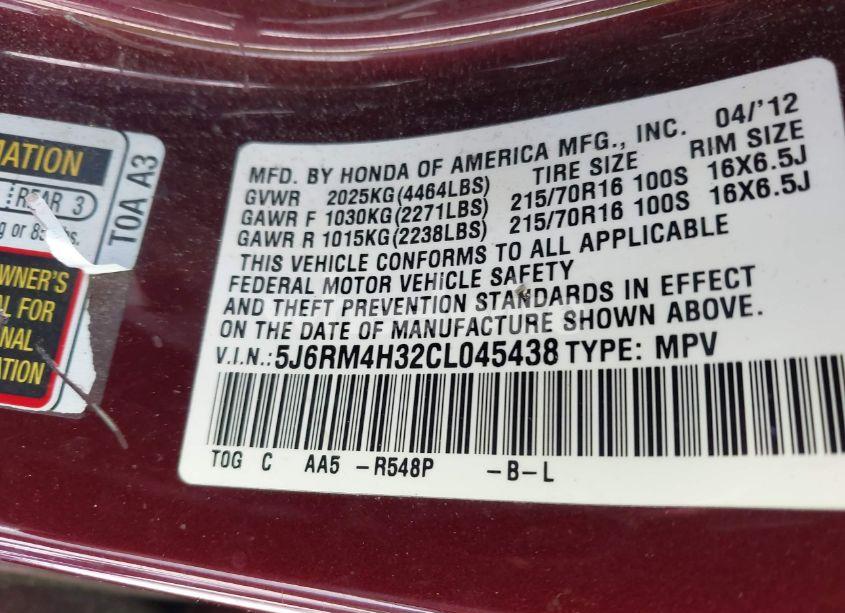 Photo 9 of 2012 Honda Cr-v LX (VIN 5J6RM4H32CL045438)