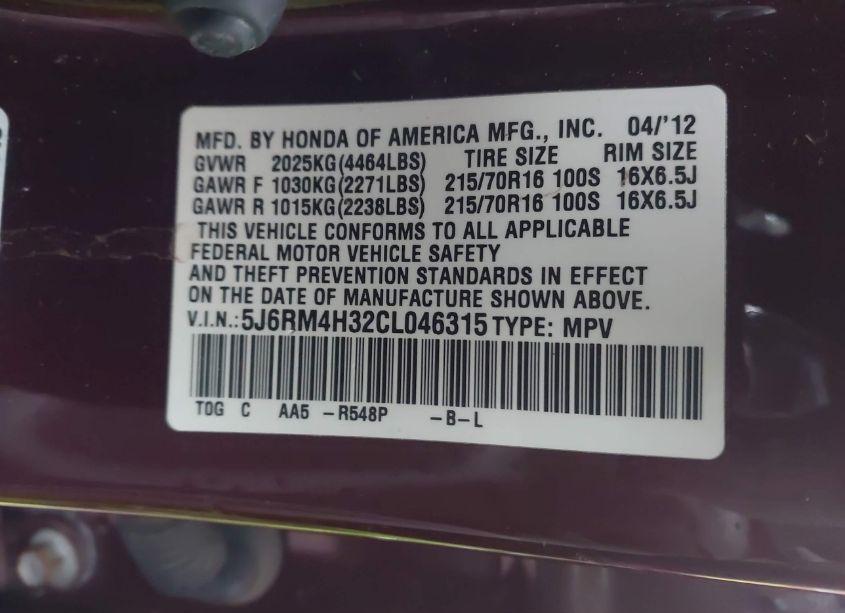 Photo 9 of 2012 Honda Cr-v LX (VIN 5J6RM4H32CL046315)