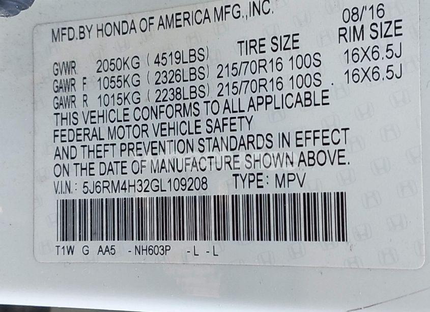 Photo 9 of 2016 Honda Cr-v LX (VIN 5J6RM4H32GL109208)