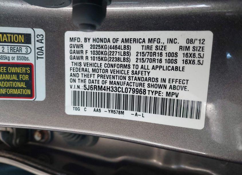 Photo 9 of 2012 Honda Cr-v LX (VIN 5J6RM4H33CL079968)