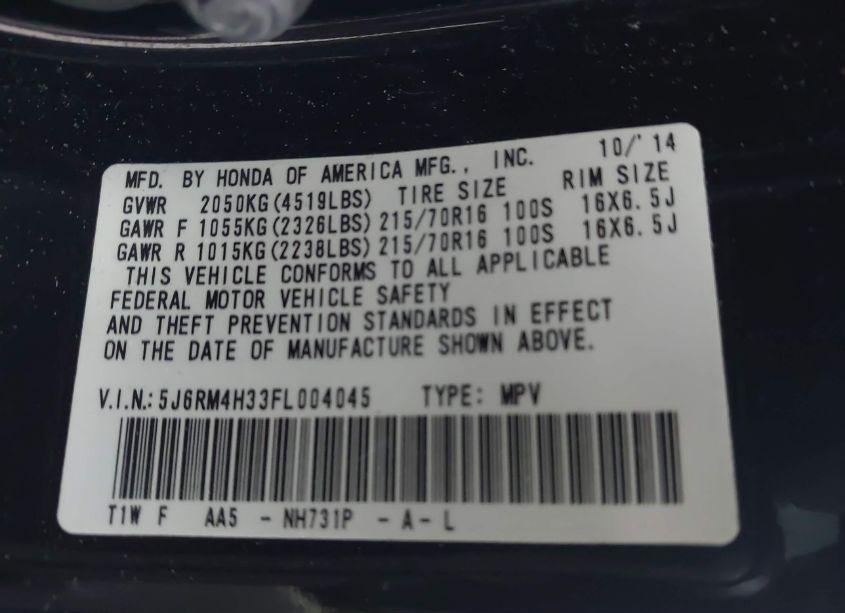 Photo 9 of 2015 Honda Cr-v LX (VIN 5J6RM4H33FL004045)