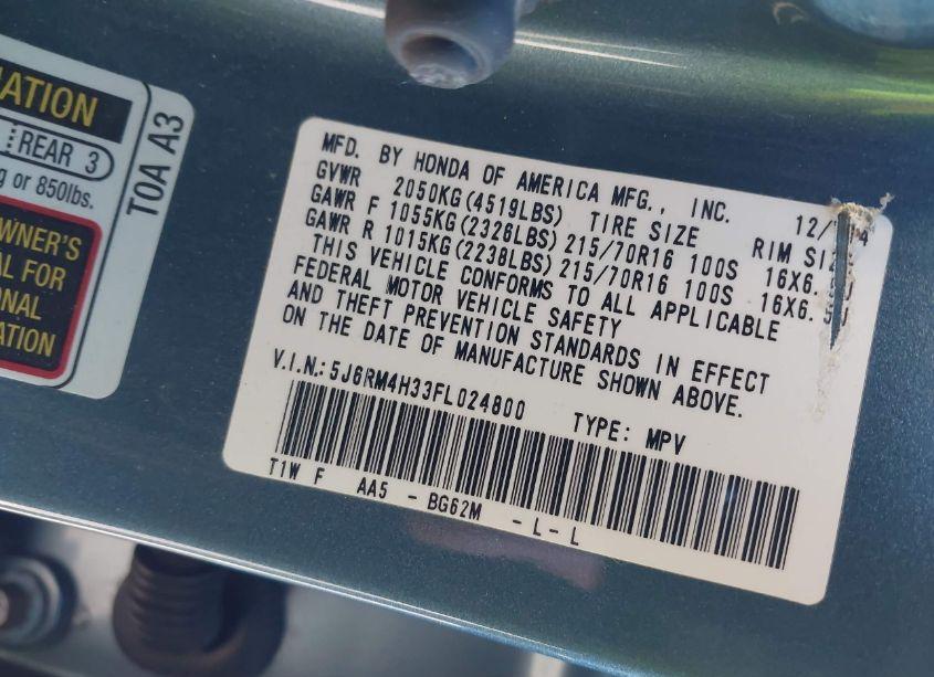 Photo 9 of 2015 Honda Cr-v LX (VIN 5J6RM4H33FL024800)