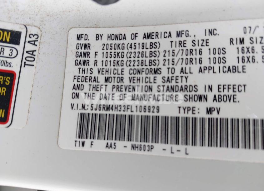 Photo 9 of 2015 Honda Cr-v LX (VIN 5J6RM4H33FL106929)