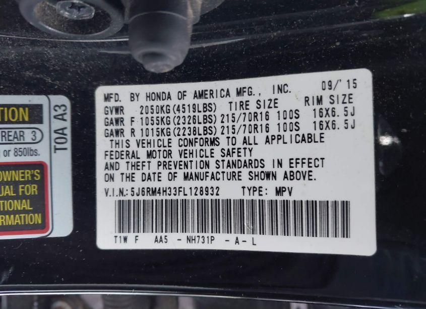 Photo 9 of 2015 Honda Cr-v LX (VIN 5J6RM4H33FL128932)