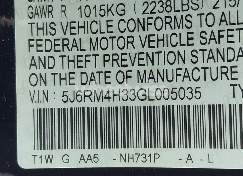 Photo 9 of 2016 Honda Cr-v LX (VIN 5J6RM4H33GL005035)